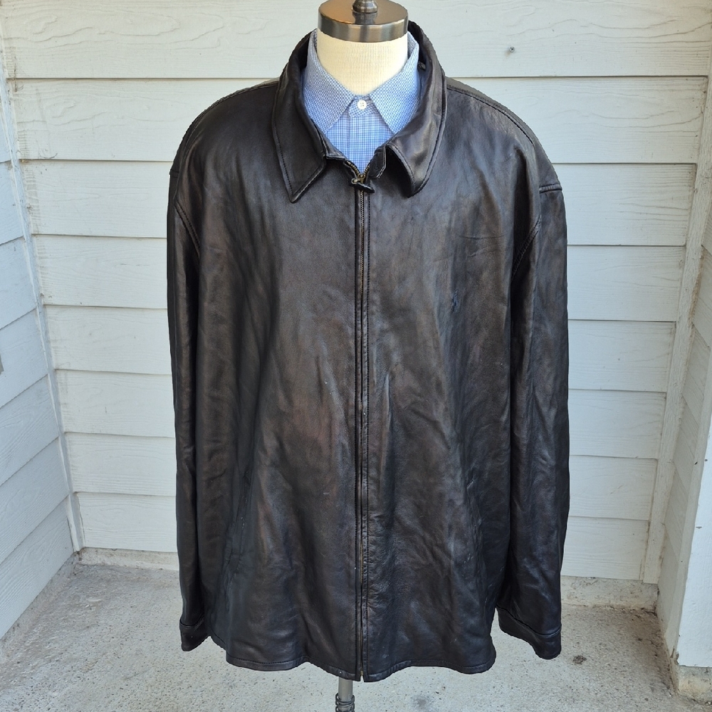 POLO RALPH LAUREN Black Genuine Leather Pony Sz 4XLT Full Zip Mens Jacket‎
